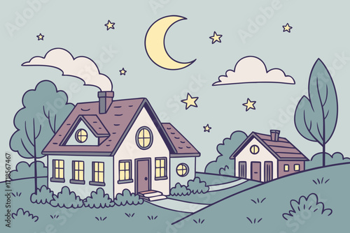 Whimsical night scene with cozy houses, crescent moon, and twinkling stars, perfect for storybooks, children's illustrations, or dreamy designs