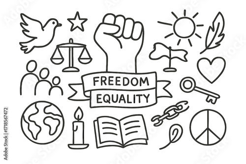 Freedom and Equality Icons. Hand-drawn doodle illustration freedom and equality raised fist, dove, scales, heart, people icons, globe, banner, star, candle,