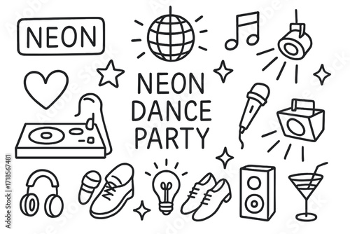 Neon Dance Icons. Hand-drawn doodle illustration Neon dance party vibes [neon sign, disco ball, music note, heart, star, DJ booth, strobe light, spotlight,