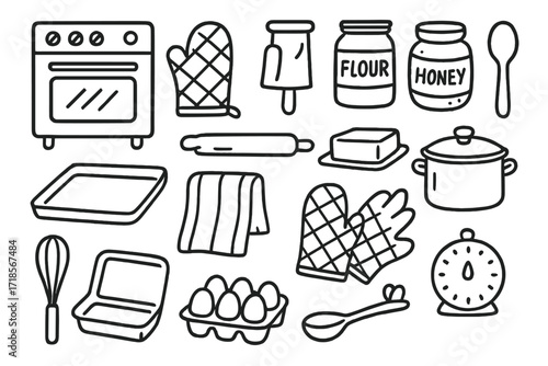 Cozy Baking Essentials. Hand-drawn doodle illustration Cozy kitchen baking oven, mitt, rolling pin, flour jar, oats, honey, spoon, baking tray, tea towel,