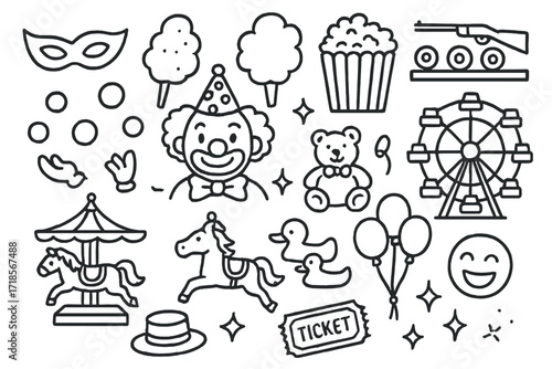 Carnival Celebration Doodles. Hand-drawn doodle illustration [Carnival day celebration] [clown, mask, juggling balls, popcorn box, cotton candy, prize teddy