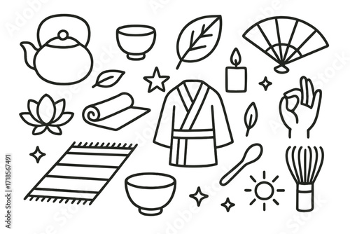 Tea Ceremony Icons. Hand-drawn doodle illustration tea ceremony teapot, cup, bowl, leaf, fan, candle, flower, scroll, mat, robe, hand gesture, star, spoon,