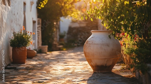 Charming Greek Village Street with Traditional Pottery and Warm Sunlight ambiance scene