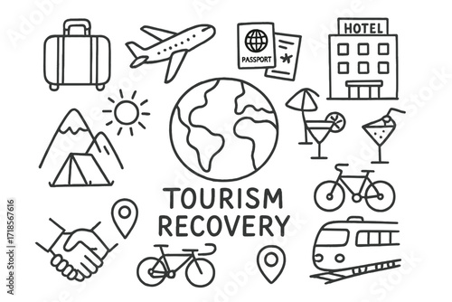Tourism Travel Icons. Hand-drawn doodle illustration Tourism recovery globe, suitcase, airplane, passport, boarding pass, hotel, beach umbrella, cocktail