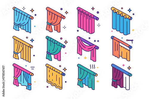 Colorful Curtain Icons. Colorful isometric vector icons set of curtain types with ties: sheer curtain, blackout curtain, pleated curtain, grommet curtain, rod