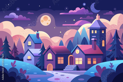 Enchanting night landscape with charming village houses under a captivating moonlit sky, evoking tranquility and magical storybook atmosphere, ideal for branding