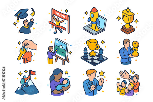 Inspiring Icons Collection. Colorful isometric vector icons set of inspiring personal achievements: graduation cap toss, marathon finish line, book publishing