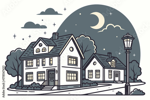 Dreamy suburban homes under a crescent moon, evoking peaceful nights and cozy neighborhood vibes, perfect for real estate or family lifestyle designs