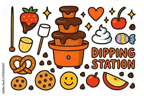 Chocolate Dipping Fun. Colorful Hand-drawn doodle Children illustration Dipping station chocolate fountain, skewer, strawberry, marshmallow, banana, pretzel,