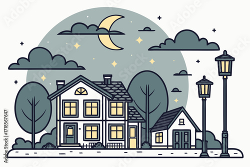 Charming suburban home under the moonlit sky, a peaceful neighborhood scene with glowing windows and vintage streetlights, evokes a sense of calm and security