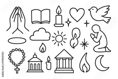 Devotion Symbols Doodle. Hand-drawn doodle illustration Devotion and prayer praying hands, open book, candle, heart, star, spark, flame, dove, person kneeling,