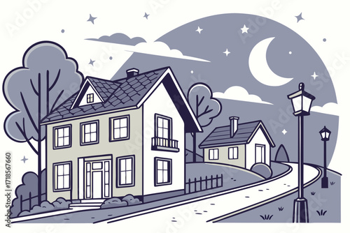 Charming neighborhood illustration evokes peaceful evening vibes with cozy houses, moon, and stars, perfect for children's books or real estate marketing