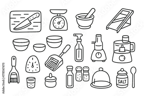 Chef's Prep Tools. Hand-drawn doodle illustration [chef?s prep station] [cutting board, chef?s knife, measuring scale, mortar and pestle, mandoline slicer,