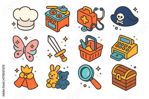 Isometric Pretend Play Icons. Colorful isometric vector icons set of pretend play with siblings: chef hat, toy kitchen, doctor kit, pirate hat, fairy wings,