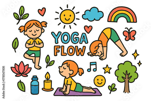 Colorful Yoga Doodle. Colorful Hand-drawn doodle Children illustration Yoga Flow [yoga mat, lotus flower, sun, cloud, rainbow, heart, water bottle, candle,