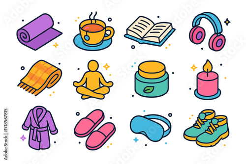 Self-Care Icon Set. Self-care. Colorful isometric vector icons set of self-care: yoga mat, cup of tea, open book, headphones, meditation pose, skincare jar,