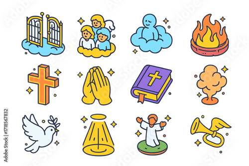 Christian Afterlife Icons Set. Colorful isometric vector icons set of Christian afterlife beliefs: golden gates, angelic choir, soul cloud, flaming hell pit,