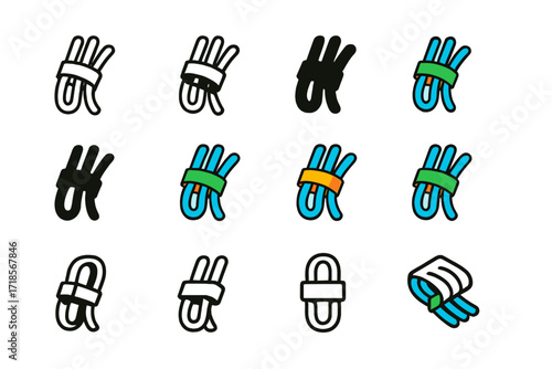 Neat Cable Logo Set. Set Logo of Arranging office cables neatly: Velcro cable tie strap. Logo set in vector style, emblematic variations. line, bold thick