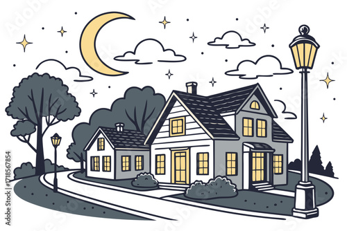 Enchanting nighttime neighborhood scene with glowing crescent moon, stars, cozy houses, and gentle streetlights in a peaceful residential setting