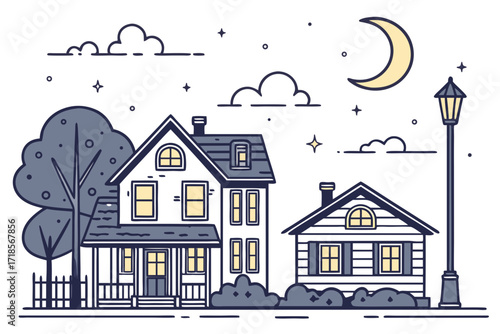 Charming neighborhood scene under a crescent moon, houses and trees on a peaceful night, ideal for architectural designs and community illustrations
