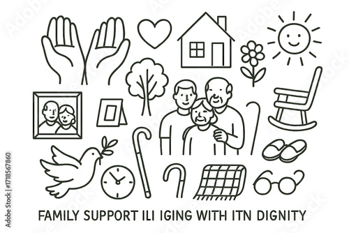 Aging with Dignity Symbols. Hand-drawn doodle illustration family support in aging with dignity hands, heart, house, family, flower, photo, tree, rocking