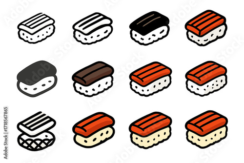 Eel and Rice Logos. Set Logo of Fish and Rice: Grilled Eel over Sticky Rice. Logo set in vector style, emblematic variations. line, bold thick line, solid