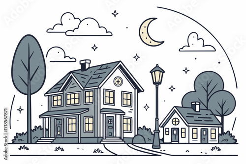 Charming neighborhood illustration with cozy houses under crescent moon and stars, perfect for storybooks, postcards, and whimsical designs, digitally created