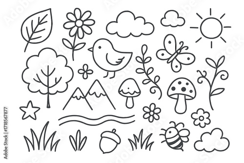 Nature Doodle Icons. Hand-drawn doodle illustration [Nature-themed mural] [leaf, flower, tree, bird, butterfly, sun, cloud, mountain, mushroom, river, vine,