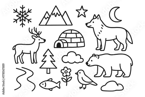 Tundra Doodles. Hand-drawn doodle illustration neon lights in tundra snowflake, mountain, reindeer, wolf, polar bear, star, crescent moon, igloo, tree, rock,