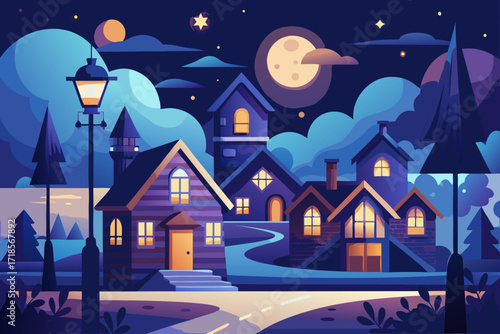 Enchanting cartoon village under a starry night sky, houses glowing with warm light, evoking a sense of peace and wonder, perfect for storybooks