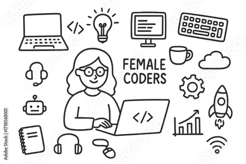 Female Coders Doodle. Hand-drawn doodle illustration [Female coders] [laptop, code brackets, monitor, keyboard, mouse, lightbulb, gear, coffee cup, cloud,
