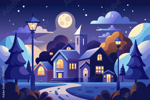 Enchanting nighttime village scene with a glowing moon, stars, and cozy illuminated houses creating a peaceful, storybook atmosphere under the night sky