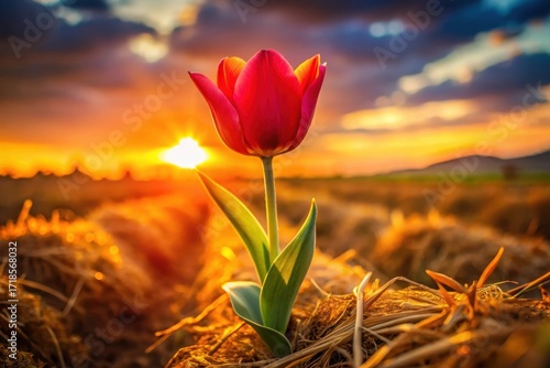 A solitary tulip glows vibrantly against a breathtaking sunset, its stem emerging from the golden hues of a harvested field.