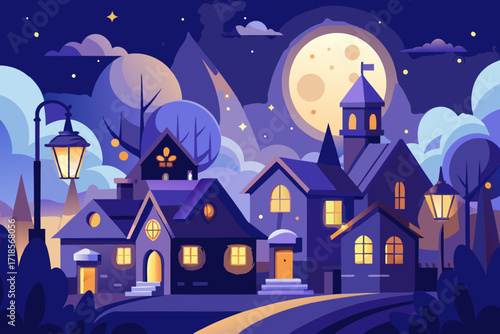Charming village scene under a celestial moon, a whimsical and peaceful illustration perfect for storybooks, invitations, and magical designs