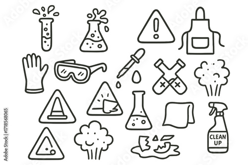 Chemical Lab Doodle Icons. Hand-drawn doodle illustration lab chemical mishap test tube, flask, warning triangle, chemical splash, glove, goggles, fume hood,