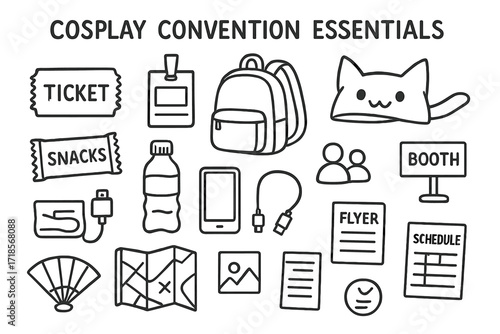 Cosplay Convention Essentials Icons. Hand-drawn doodle illustration [Cosplay convention essentials] [ticket, badge, backpack, cosplay hat, snacks, water