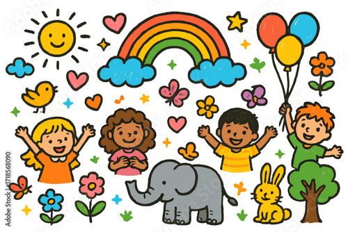 Joyful Sanctuary Celebration. Colorful Hand-drawn doodle Children illustration Sanctuary Celebration children, animals together, rainbow, balloons, sun,