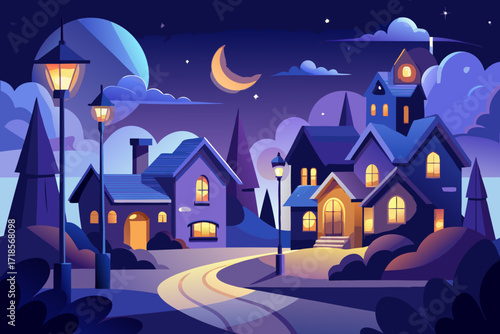 Enchanting twilight village scene with glowing lanterns and crescent moon, perfect for children's books or whimsical designs, evoking calm and wonder
