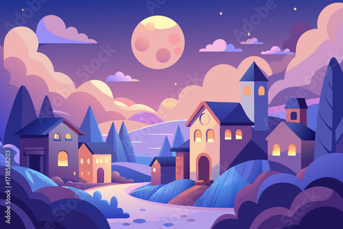 Enchanting twilight village scene with a full moon casting a serene glow, perfect for fantasy storytelling or dreamy children's book illustrations