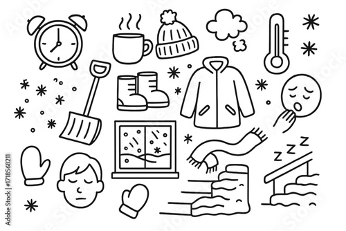 Snowy Morning Essentials. Hand-drawn doodle illustration snow day morning routine alarm clock, hot drink mug, beanie, breath cloud, shovel, snow boots, coat,