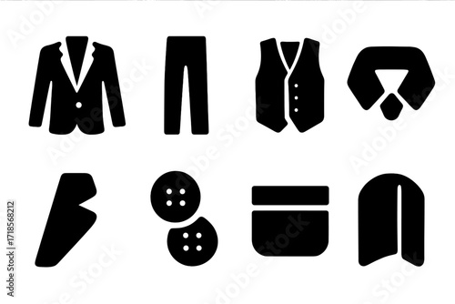 Suit Component Icons. Solid, filled icon set of suit components: jacket, trousers, vest, collar, lapel, buttons, pocket, lining. Solid, filled icons in only