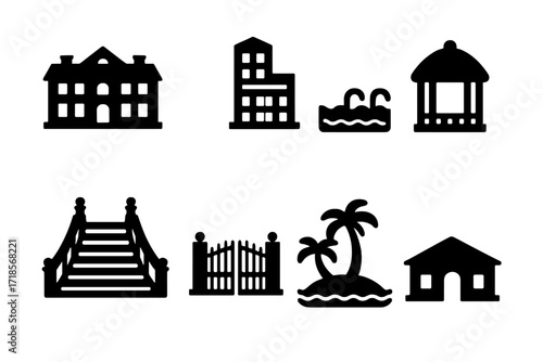 Luxury Real Estate Icons. Solid, filled icon set of luxury real estate: mansion, penthouse, swimming pool, garden gazebo, grand staircase, estate gate, private