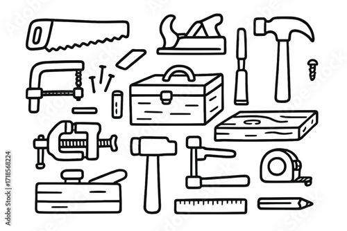 Carpentry Tools Doodle. Hand-drawn doodle illustration carpentry workshop saw, plane, chisel, hammer, clamp, nails, wooden peg, toolbox, wood board, bench