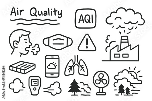 Air Quality Icons. Hand-drawn doodle illustration Air Quality haze lines, AQI symbol, coughing face, mask icon, smoke icon, factory cloud, app icon, warning