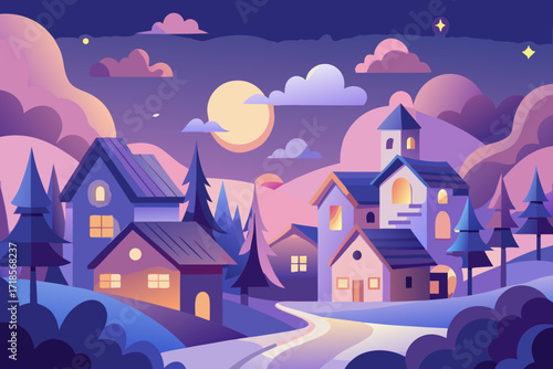 Charming village landscape at twilight with soft pastel hues, inviting homes, and peaceful atmosphere, perfect for illustrating storybooks and cozy scenes