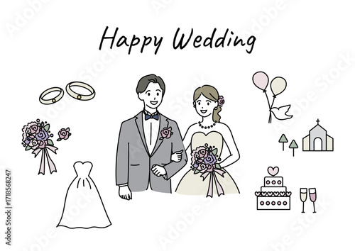 新郎新婦と結婚式のイメージイラストセット