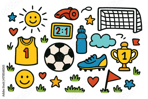 Colorful Soccer Doodle. Colorful Hand-drawn doodle Children illustration sports field soccer ball, goalpost, whistle, shoes, jersey, water bottle, scoreboard,