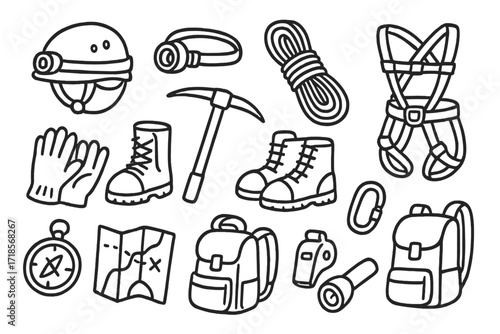Cave Exploration Gear. Volunteering youth. Line icon set of volunteering youth: helping hands, donation box, heart, food basket, water bottle, backpack, first
