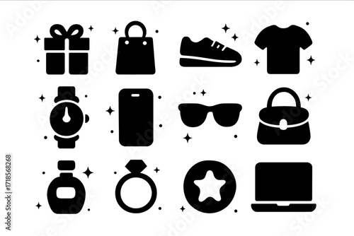 Product Icons Grid. Product Icons. Solid icons set of product icons: gift box, shopping bag, shoe, t-shirt, watch, smartphone, sunglasses, handbag, perfume