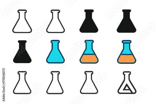 Colorful Flask Logos. Set Logo of Flasks: Classic laboratory Erlenmeyer flask. Logo set in vector style, emblematic variations. line, bold thick line, solid